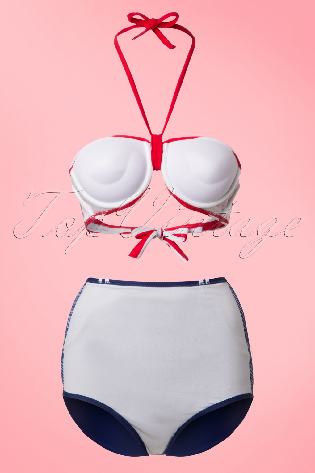 50s Joana Stripes Halter Bikini In Red White And Navy