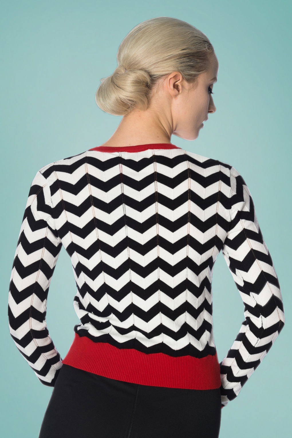 60s Black Coffee Chevron Cardigan In Black And Red