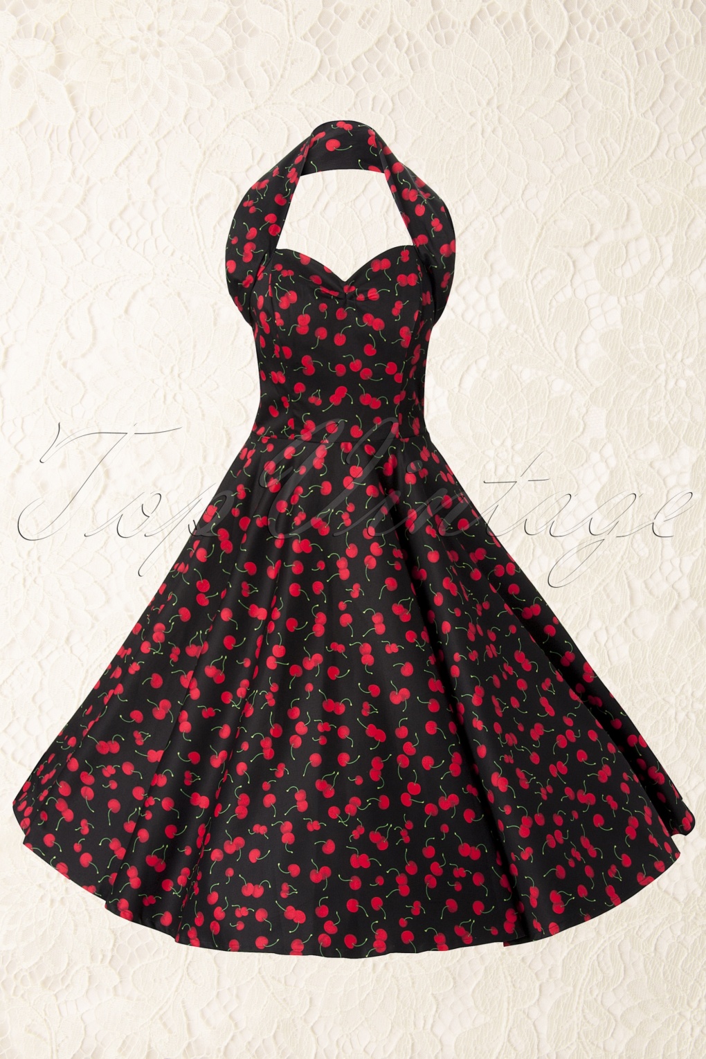 S Retro Halter Cherry Black Swing Dress Cotton Sateen