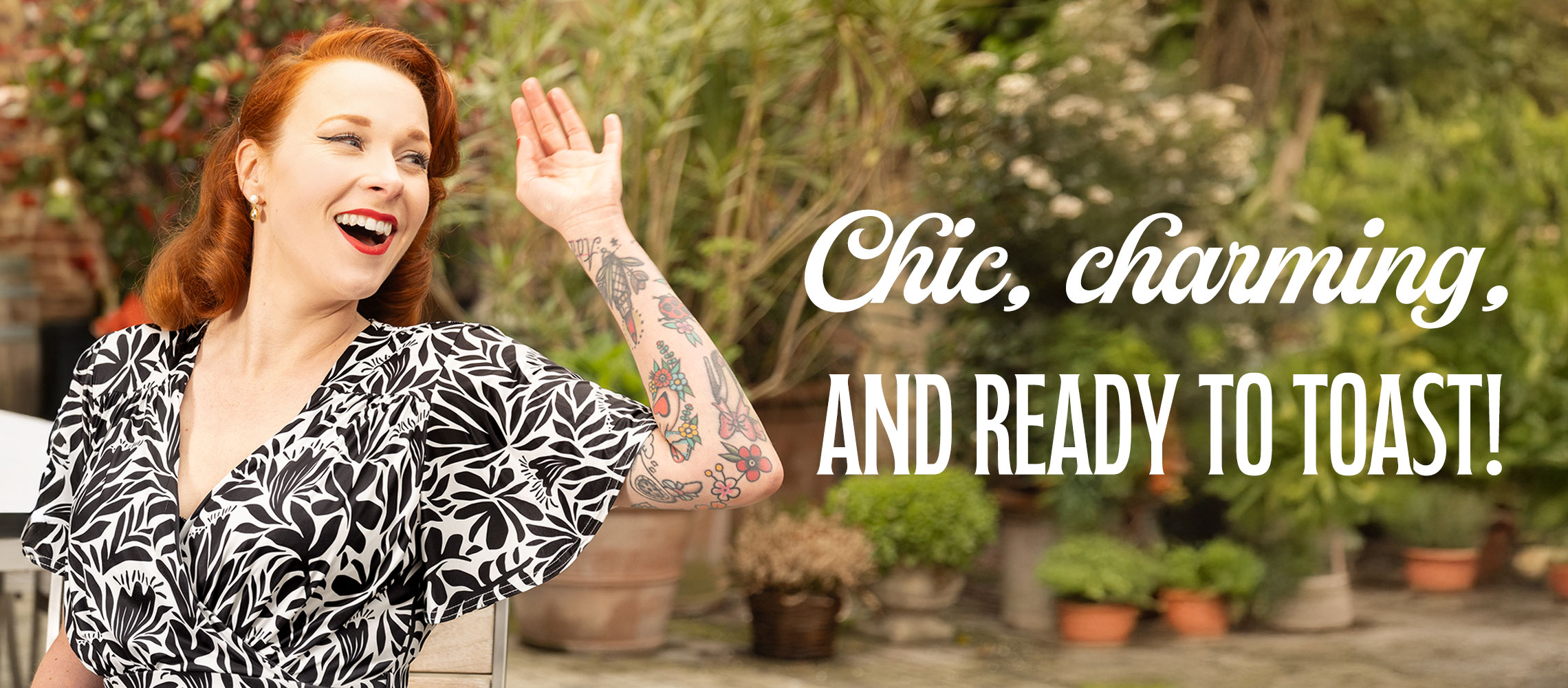 Banner featuring a woman wearing a wedding guest dress and the following text: ''Chic, charming, and ready to toast''