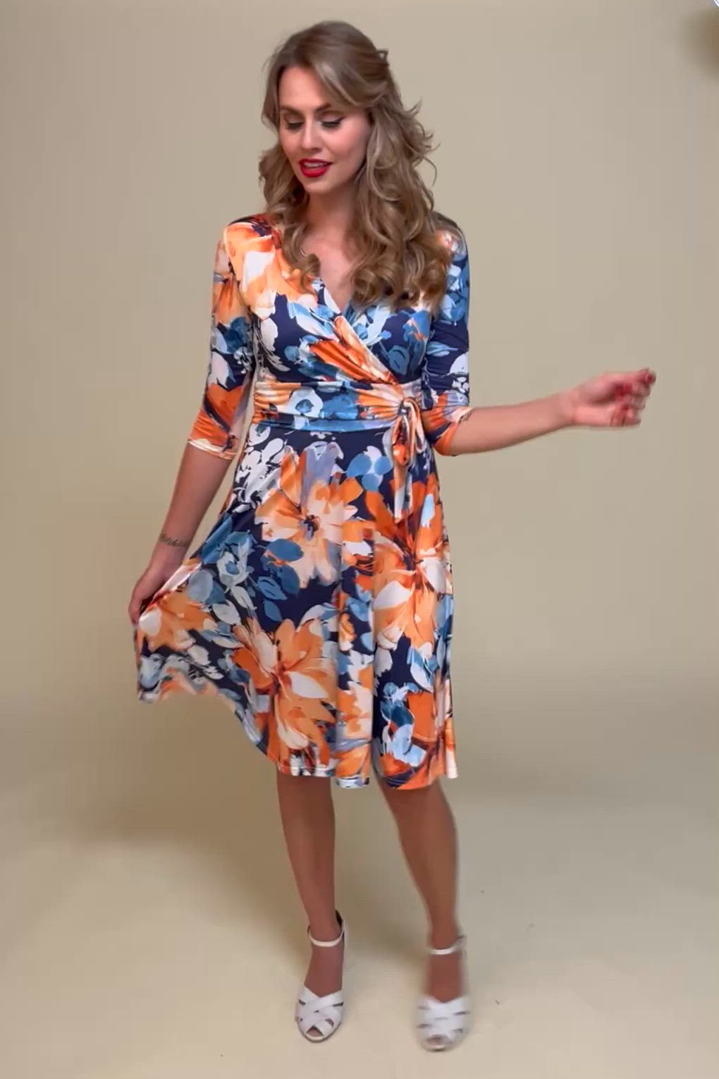 Vintage Chic for Topvintage - Topvintage exclusive ~ Aria Floral swing jurk in oranje en blauw 3