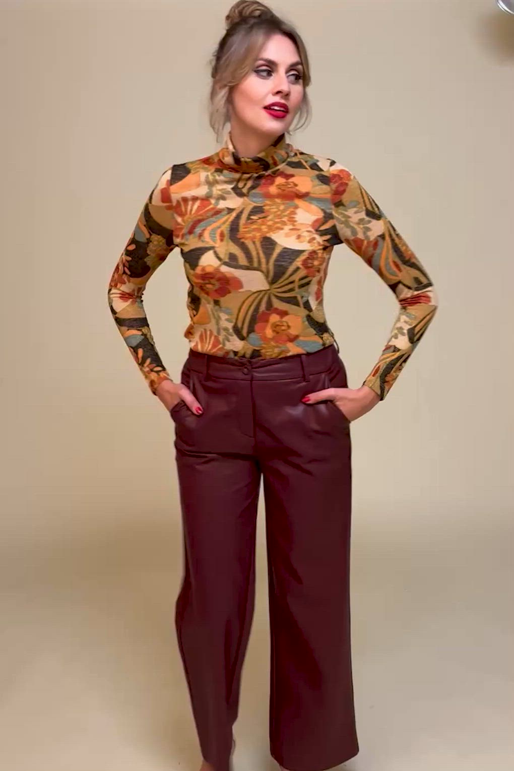 Smashed Lemon - Feline Faux Leather pantalon in bordeauxrood 3