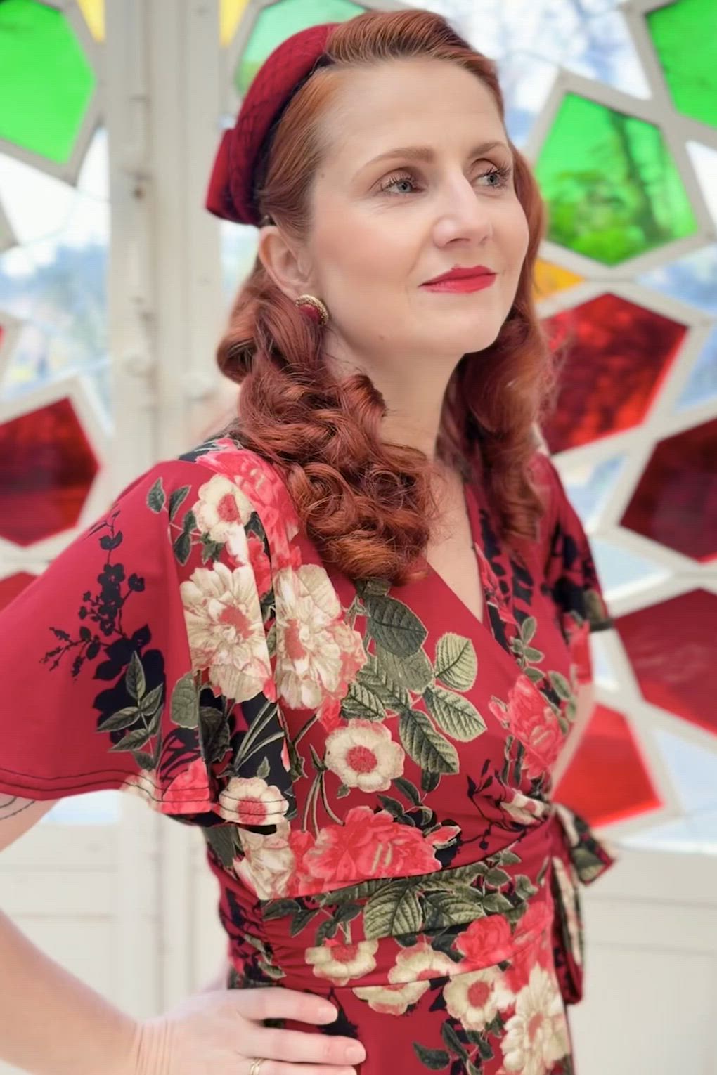 Vintage Chic for Topvintage - Topvintage exclusive ~ Irene floral overslag swing jurk in wijnrood  3