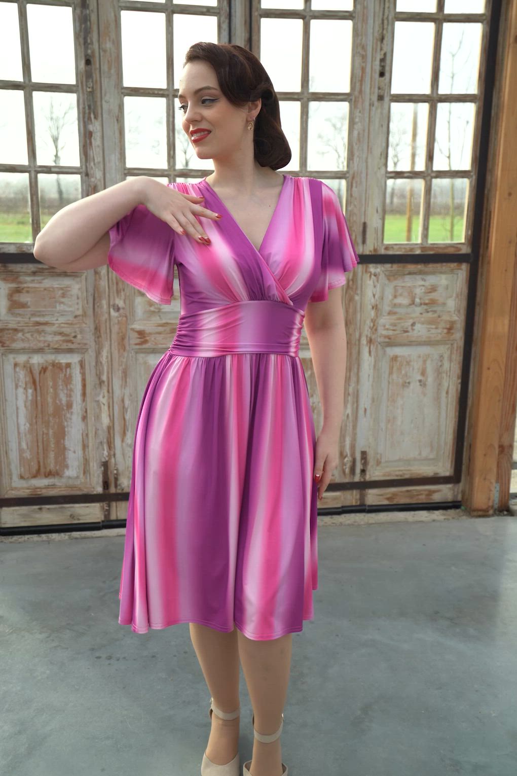 Vintage Chic for Topvintage - Topvintage exclusive ~ Sadie Faded Stripes swing jurk in paars 3