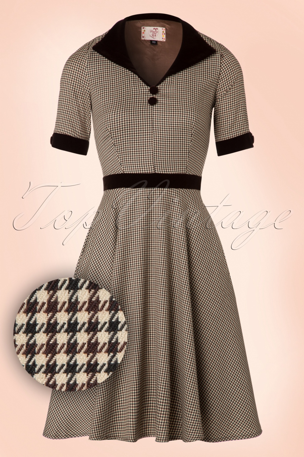 40s Swept Off Her Feet Swing Dress In Houndstooth Brown