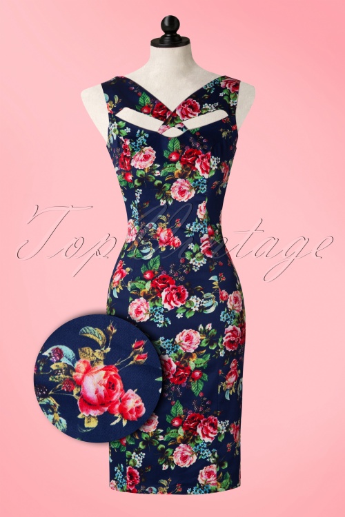 Hearts & Roses - Etta Floral Pencil Dress Années 50 en Navy 2