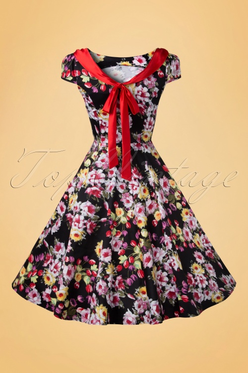 Hearts & Roses - 50s Daisy Floral Swing Dress in Black  7