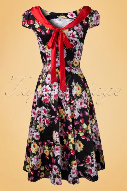 Hearts & Roses - 50s Daisy Floral Swing Dress in Black  3