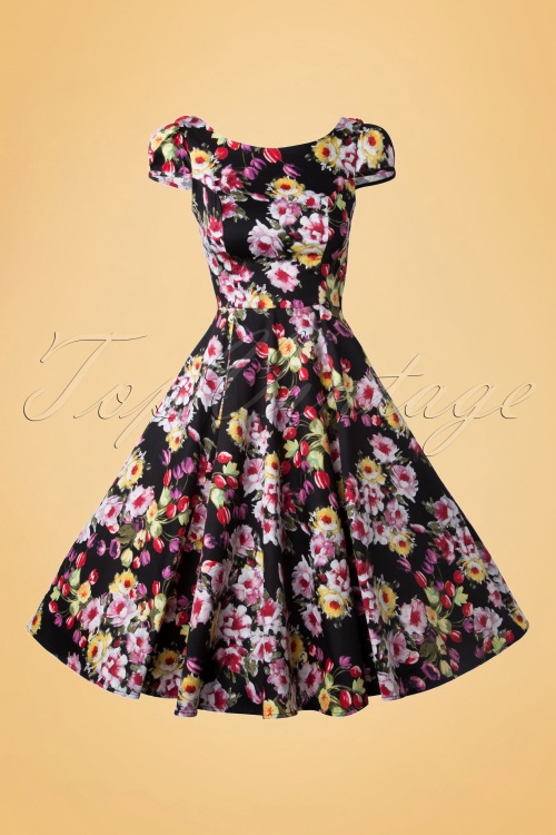 Hearts & Roses - 50s Daisy Floral Swing Dress in Black  4