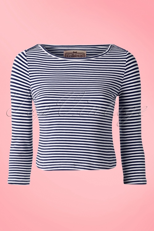 Collectif Clothing - Martina Thin Stripe Boat Neck T-shirt Années 50 en Navy 2