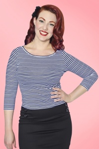Collectif Clothing - Martina Thin Stripe Boat Neck T-shirt Années 50 en Navy 3