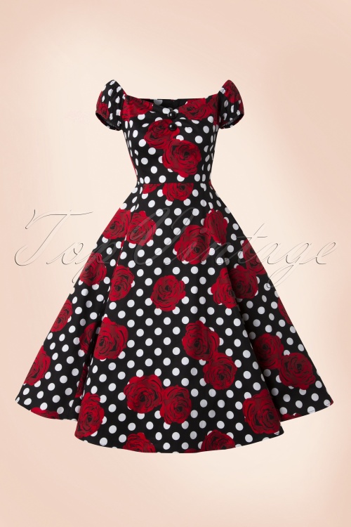 50s Dolores Rosie Swing Dress In Black White Polka Dot