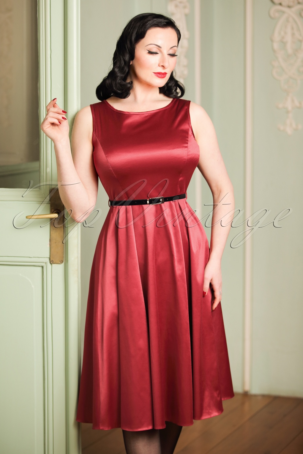 50s Hepburn Ruby Satin Swing Dress in Red