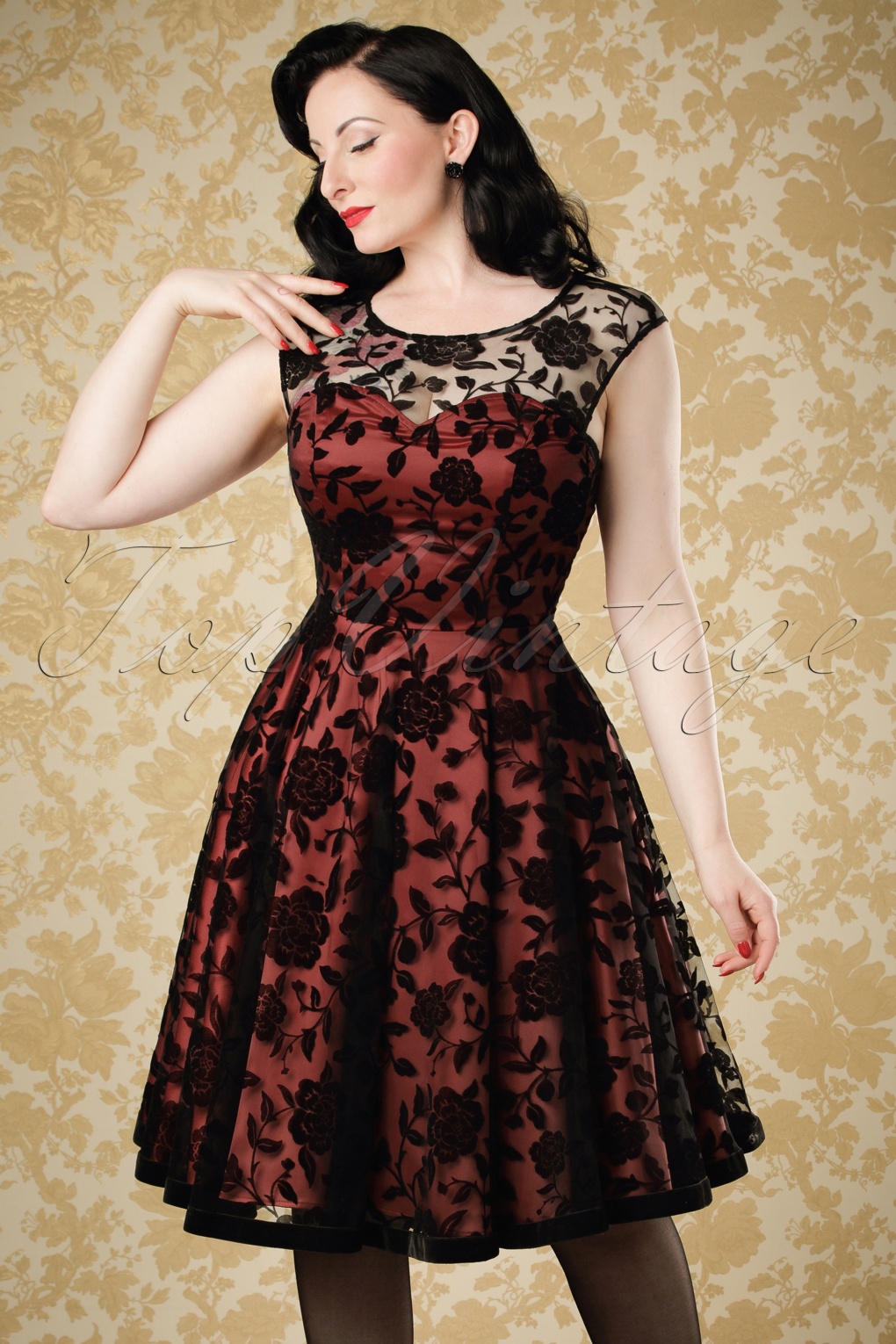 50s Faye Brocade Velvet Rose Swing Dress in Red