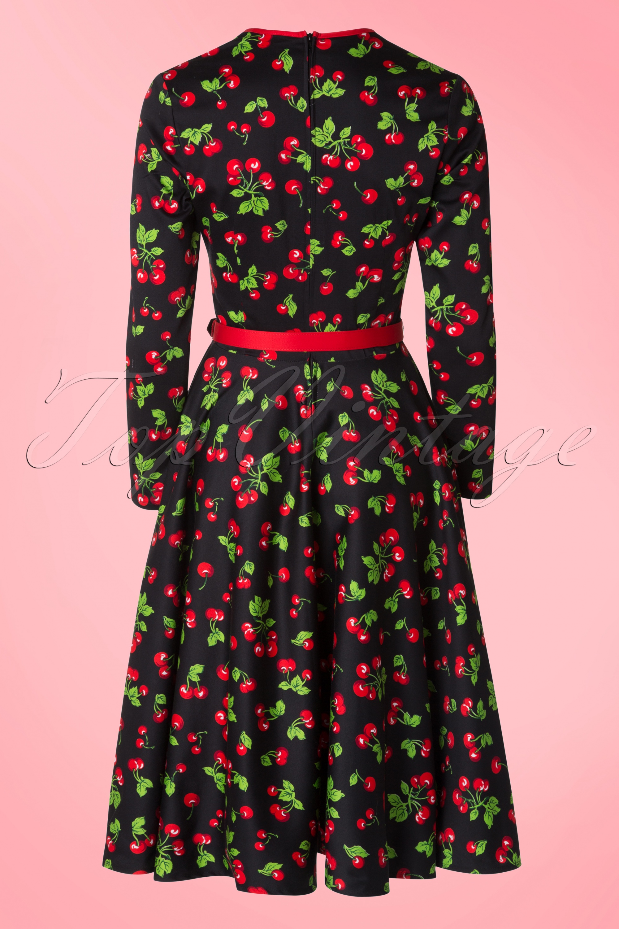 Pinup Couture - Heidi zwarte kersen swingjurk met lange mouwen 8