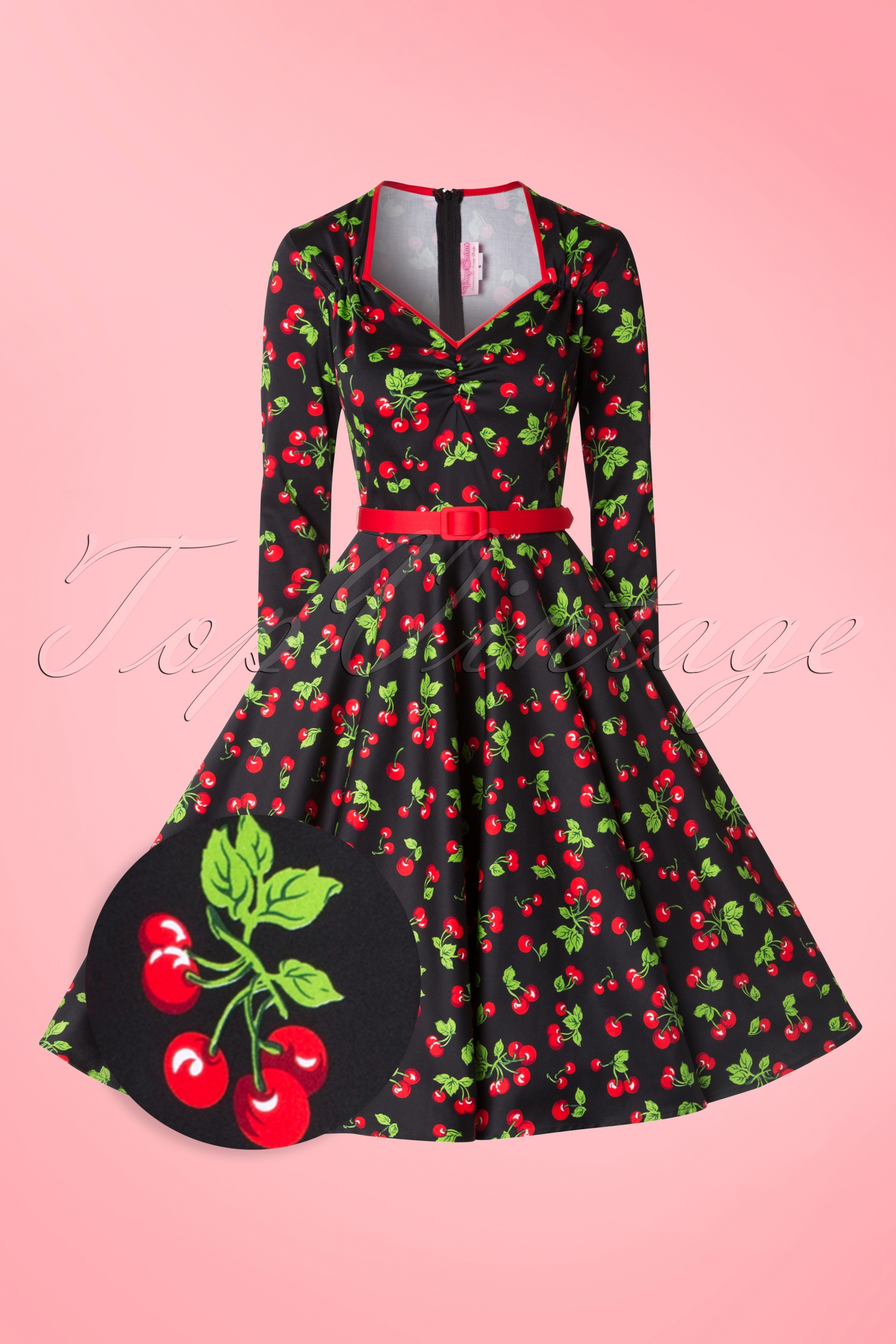 Pinup Couture - Heidi zwarte kersen swingjurk met lange mouwen 3