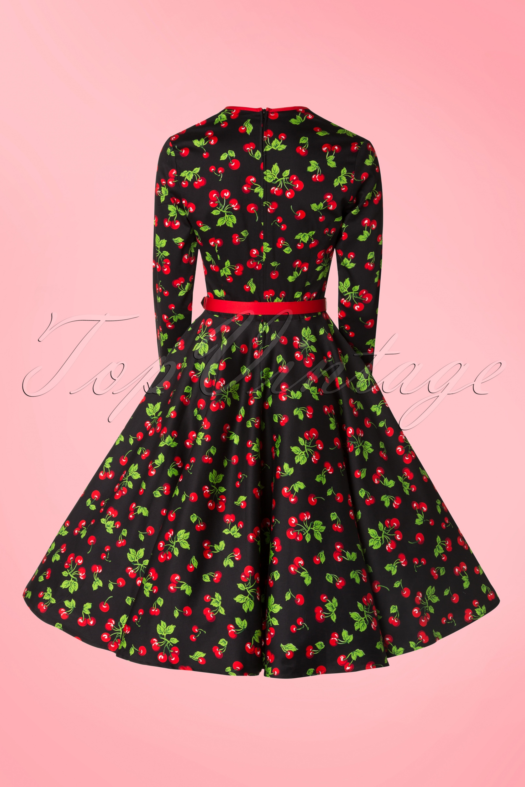 Pinup Couture - Heidi zwarte kersen swingjurk met lange mouwen 7