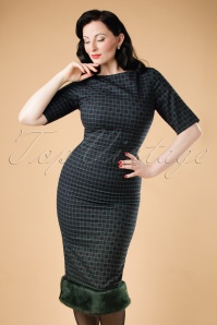 Collectif Clothing - 30s Juliette Chaise Check Pencil Dress in Navy and Green 3