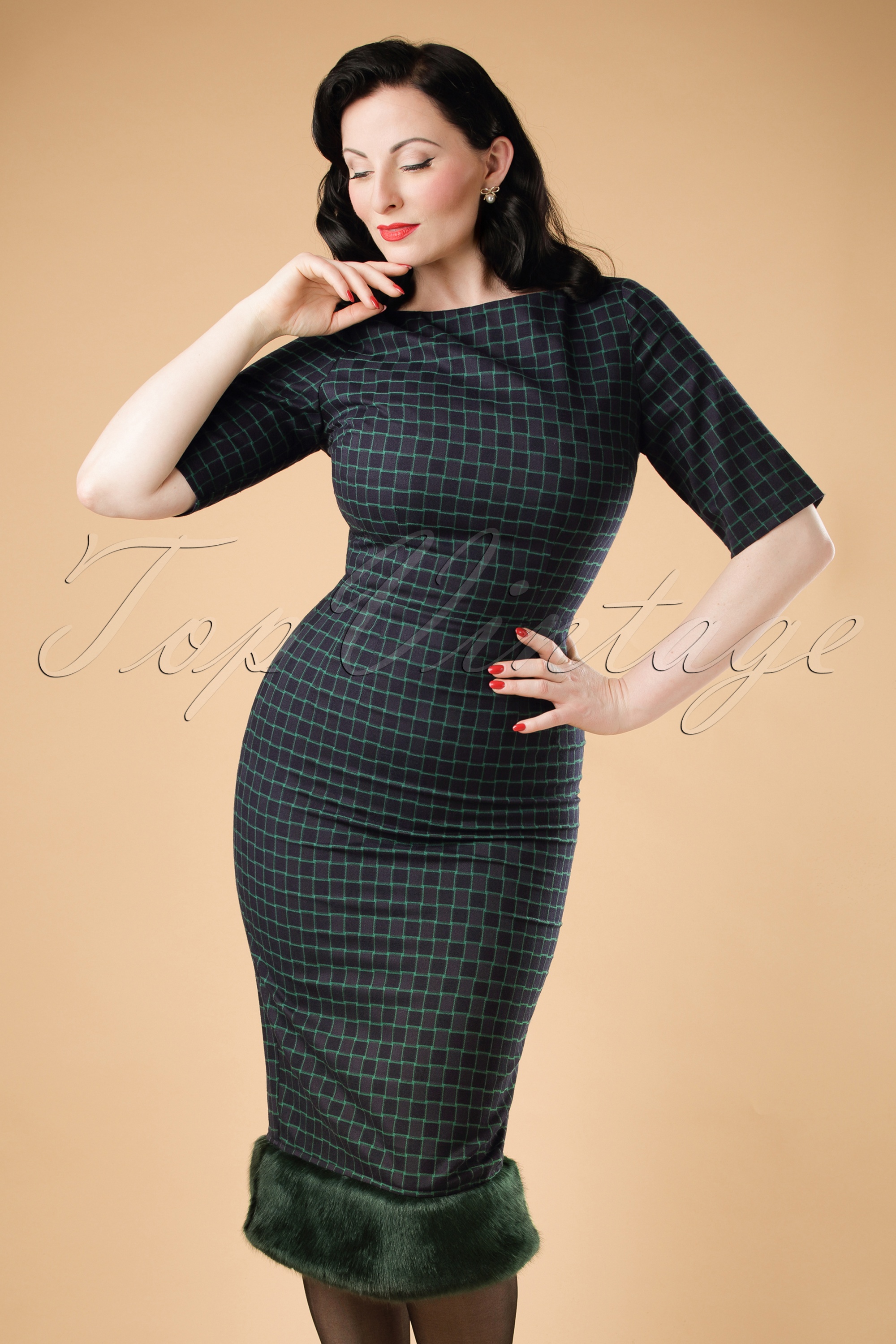 Collectif Clothing 30s Juliette Chaise Check Pencil Dress in Navy 