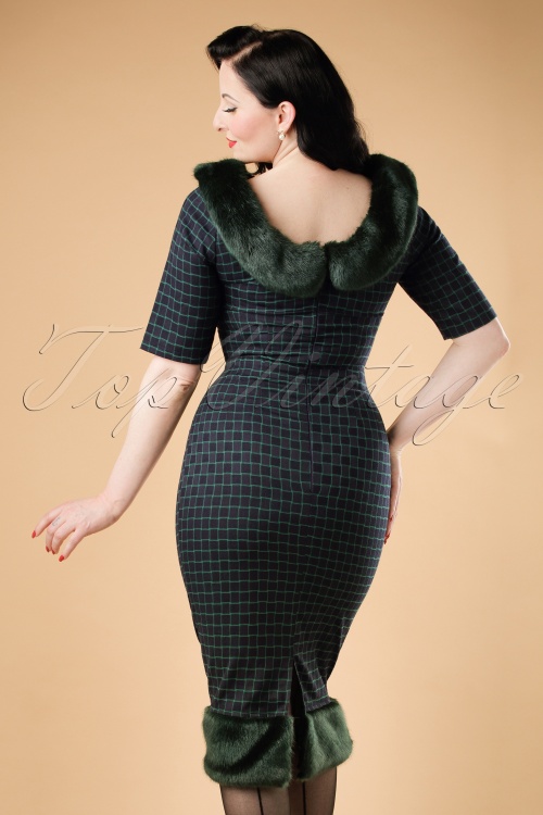 Collectif Clothing - Juliette Chaise Check Pencil Dress Années 30 en Navy et Vert 2