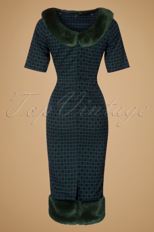 Collectif Clothing - Juliette Chaise Check Pencil Dress Années 30 en Navy et Vert 9