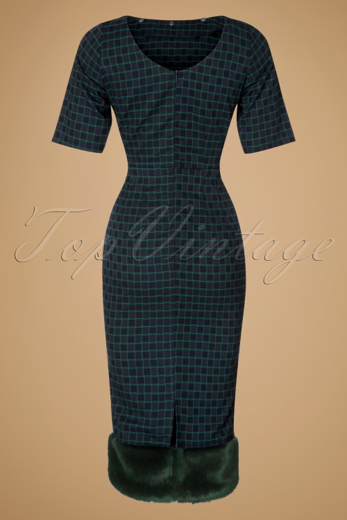 Collectif Clothing - Juliette Chaise Check Pencil Dress Années 30 en Navy et Vert 10