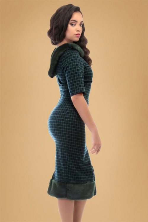 Collectif Clothing - 30s Juliette Chaise Check Pencil Dress in Navy and Green 11