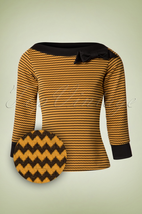 Steady Clothing - TopVintage Exclusive ~ Bianca Zigzag Bow Boatneck Top in zwart en geel