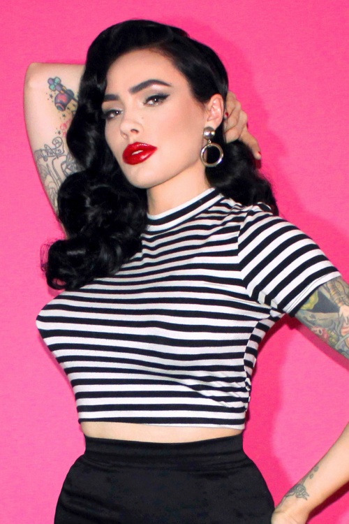 Vixen by Micheline Pitt - 50s Bad Girl Crop Top in Black and White Stripes 2