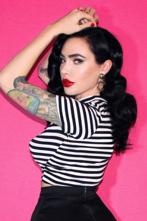 Vixen by Micheline Pitt - 50s Bad Girl Crop Top in Black and White Stripes 8