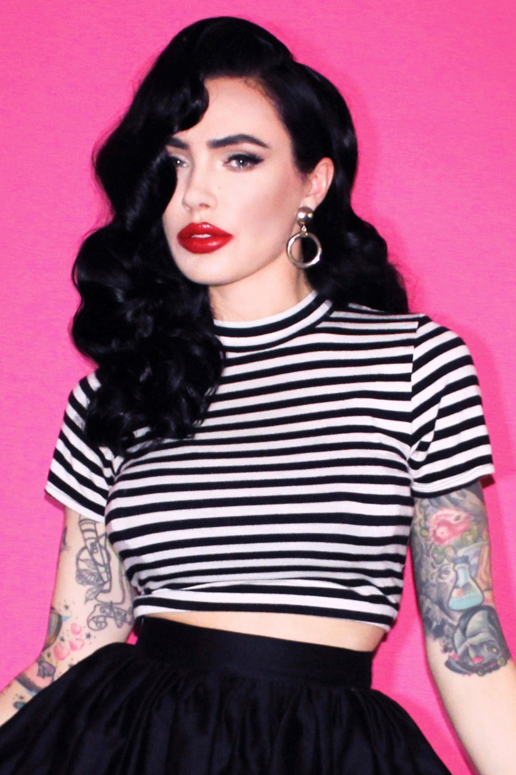 50s Bad Girl Crop Top in Black and White Stripes