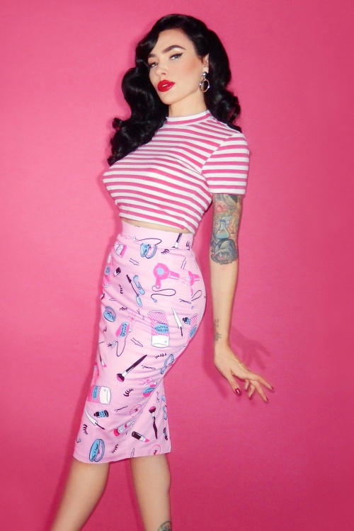 Vixen by Micheline Pitt - 50s Bad Girl Crop Top in Pink and White Stripes 5