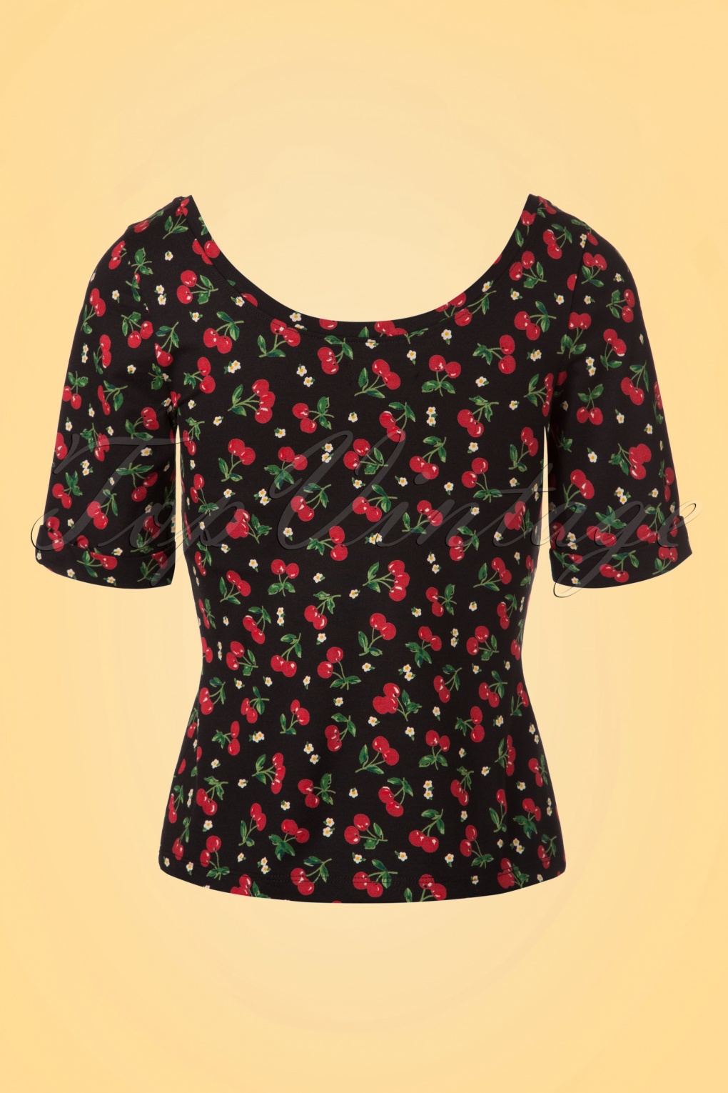 50s Temptation Cherry Ballerina Top in Black