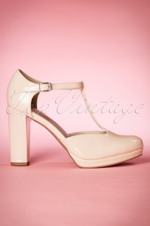 Tamaris - Phoebe Lacquer T-Strap Pumps Années 60 en Rose Poudre