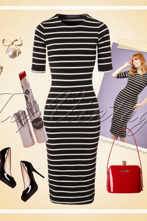 Sugarhill Brighton - 50s Octavia Bodycon Dress in Black and Cream Stripes 6
