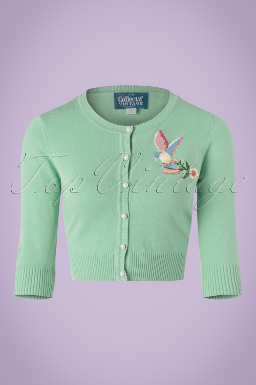 Collectif Clothing - 50s Lucy Romantic Bird Cardigan in Antique Green 2