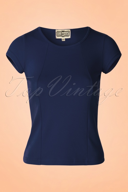 Collectif Clothing -  Haut Années 50 Alice Plain T-Shirt en Bleu Marine
