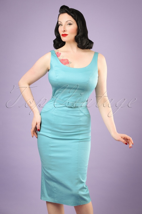 Collectif Clothing - Ines Pencil Dress Années 1950 en Bleu Clair