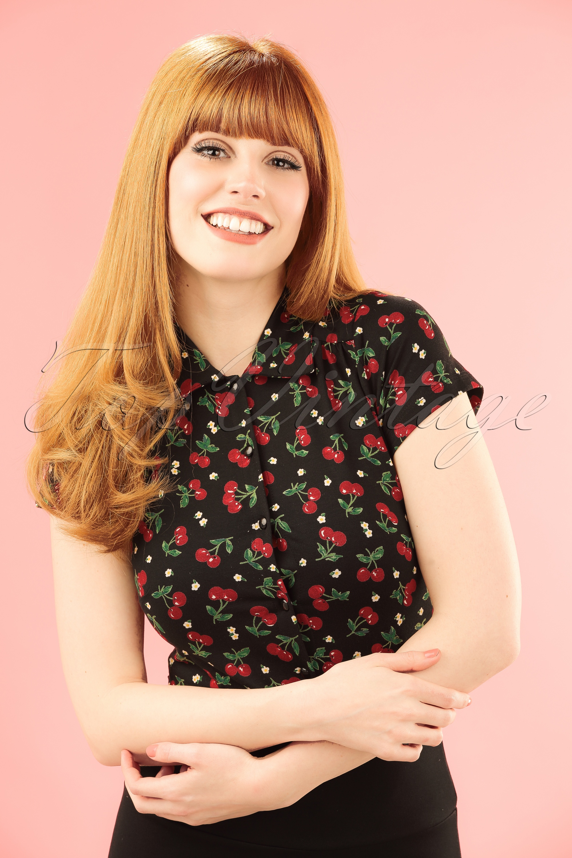 King Louie 50s Temptation Cherry Blouse in Black | Topvintage