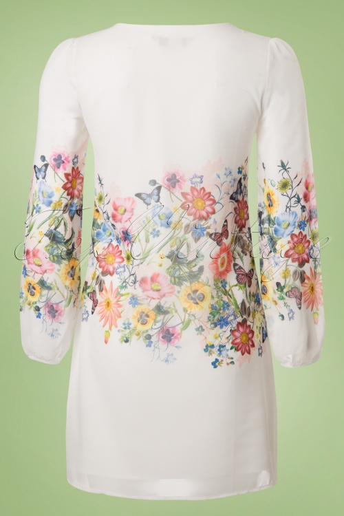 Yumi - Georgette Botanical Flowers Mini Dress Années 70 en Blanc 7