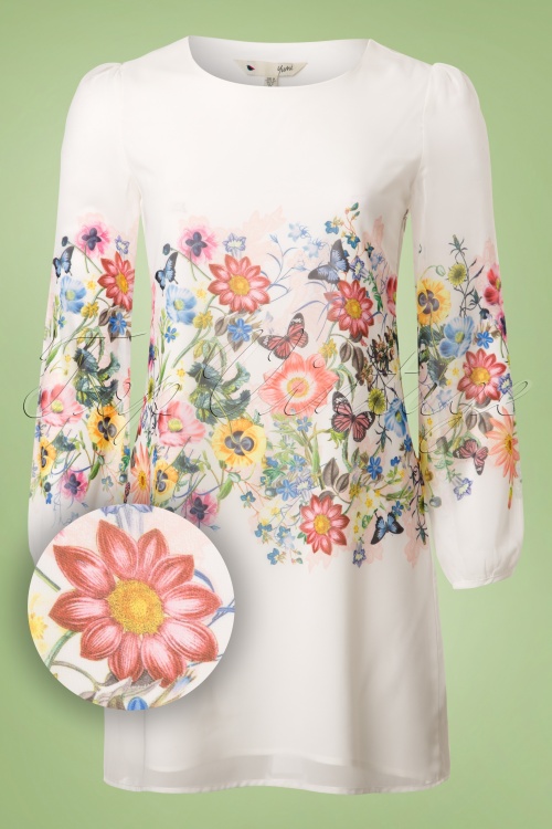 Yumi - Georgette Botanical Flowers Mini Dress Années 70 en Blanc 2