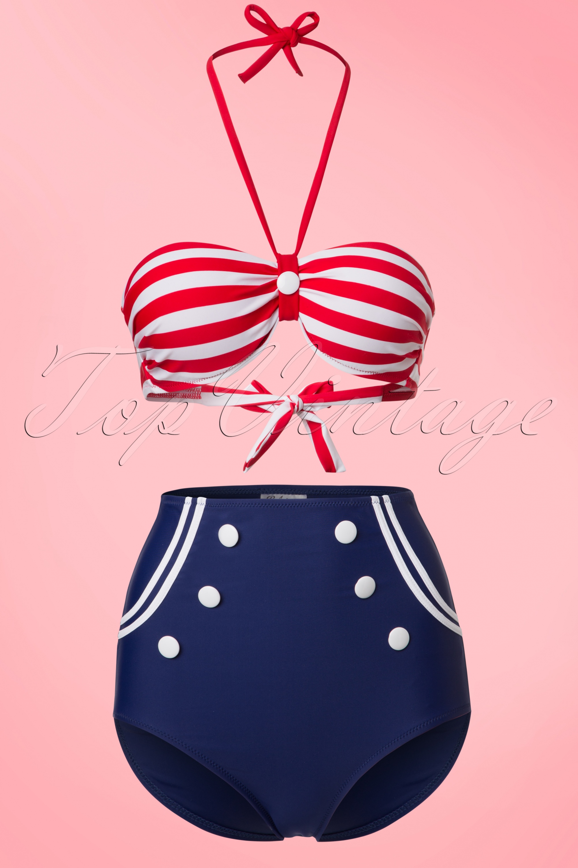 Belsira - Joana Stripes halter bikini in rood wit en marineblauw 2