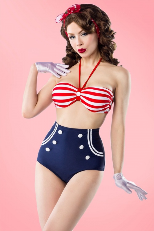 Belsira - Joana Stripes halter bikini in rood wit en marineblauw 3