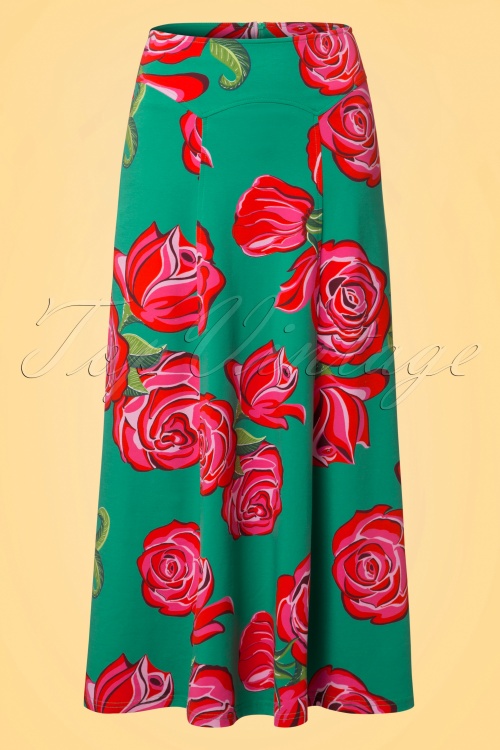 Lien & Giel - Ibiza Roses Maxi Skirt Années 70 en Vert Jade