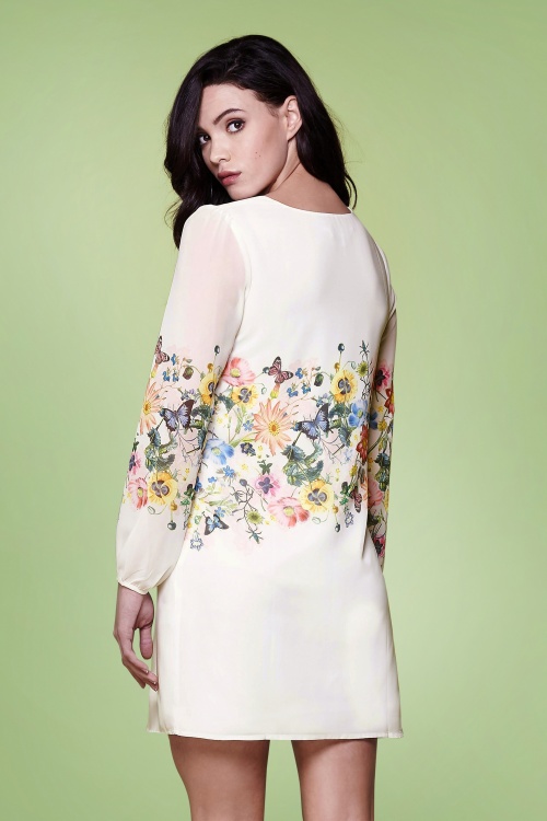 Yumi - Georgette Botanical Flowers Mini Dress Années 70 en Blanc 6