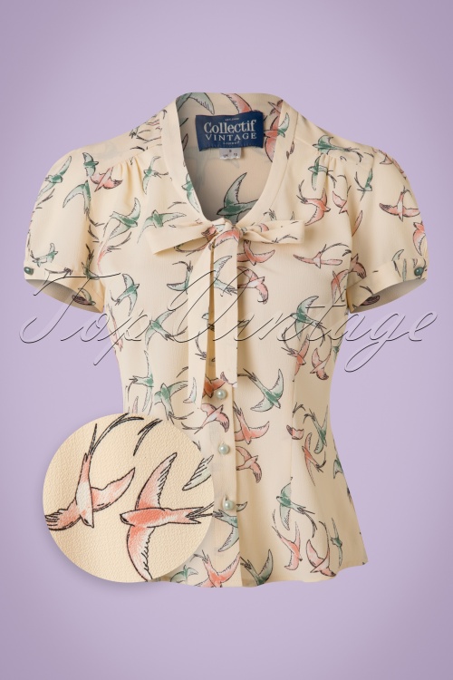 Collectif Clothing - 40s Tura Swallow Blouse in Cream