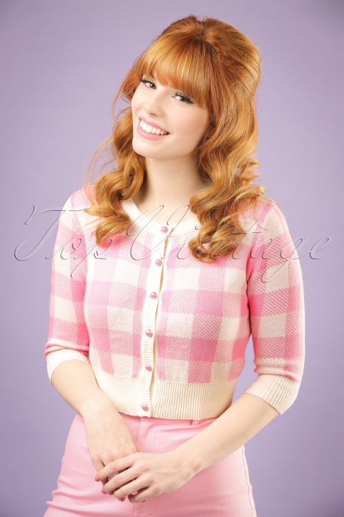 Collectif Clothing - Lucy Gingham Cardigan Années 50 en Rose et Ivoire