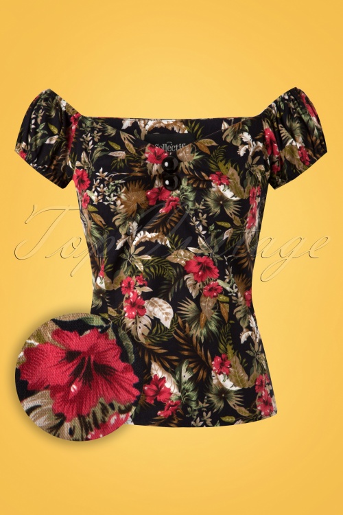 Collectif Clothing - 50s Dolores Lanai Hibiscus Top in Black 2