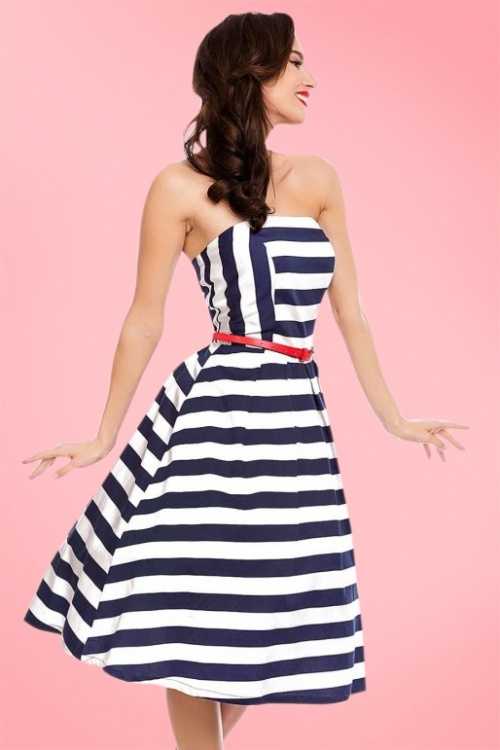 Dolly and Dotty - 50s Lana Stripes Strapless Swing Dress in Navy and White 4