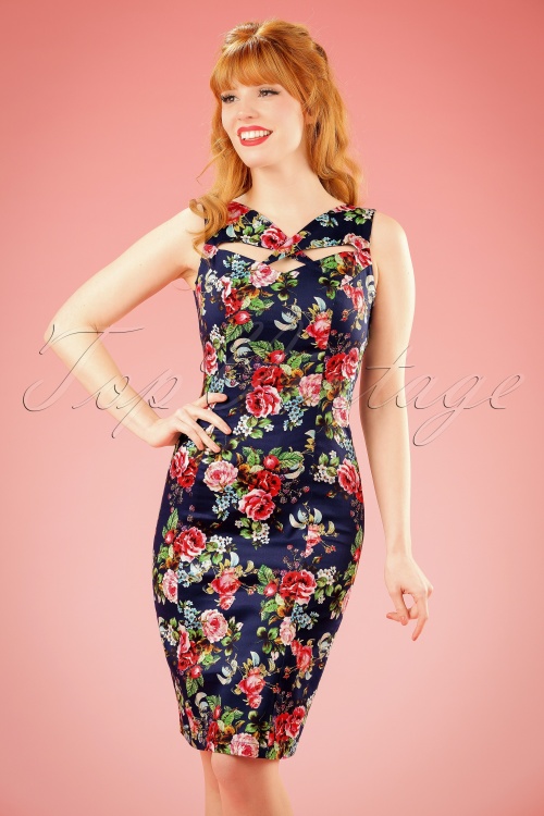 Hearts & Roses - 50s Etta Floral Pencil Dress in Navy